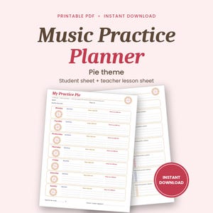 Peut inclure: Un planificateur de pratique musicale imprimable sur le thème de la tarte, comprenant une fiche élève et une fiche de cours enseignant. Le document comporte des sections pour le suivi quotidien, les objectifs et des notes, avec le texte Music Practice Planner.
