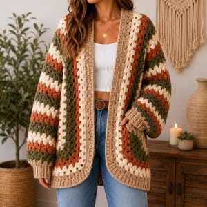 Modèle de cardigan hexagonal au crochet | Pull bohème épais style mamie, idéal pour les débutants (téléchargement PDF)