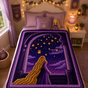 May include: A rectangular crochet blanket featuring a dark purple and violet night sky scene with a large arched window frame. The design depicts a figure with long golden hair looking out at numerous glowing yellow floating lanterns.