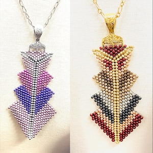 May include: Two beaded pendant necklaces. One features a silver chain and a pendant with pink, purple, and blue beads. The other has a gold chain and a pendant with red, gold, black, and brown beads. Both pendants have a geometric design.