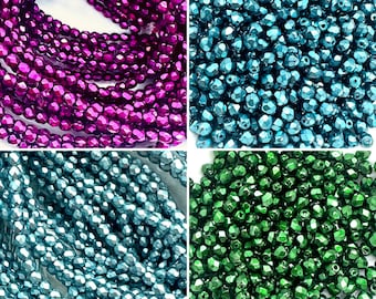 3mm Czech Fire Polish Heavy Metal Beads - Round Faceted  (50 Bead Strand)