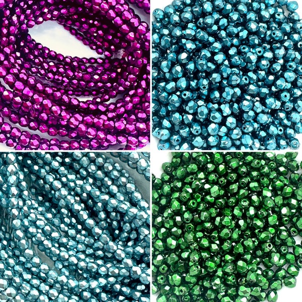 3mm Czech Fire Polish Heavy Metal Beads - Round Faceted  (50 Bead Strand)