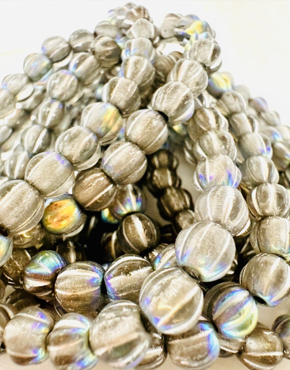 6mm Dark Silver AB Melon Czech Glass Bead Strand of 25 Beads Large 2mm  Hole, Leather, Stringing, Beading