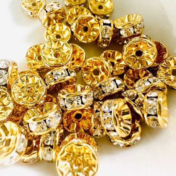 Vintage 7mm Swarovski Crystal Rhinestone Gold Plated Rondelle Spacer Bead- 20 pieces