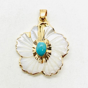 Natural Carved White Shell in a Flower Design with Semi-Precious Turquoise Pendant/ Charm, DIY Jewelry, Crafts