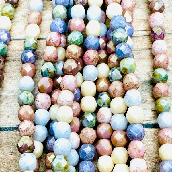 5 Color Opaque Luster Mix 4mm Czech Glass Fire Polish Strand - Round Faceted  (50 Bead Strand)