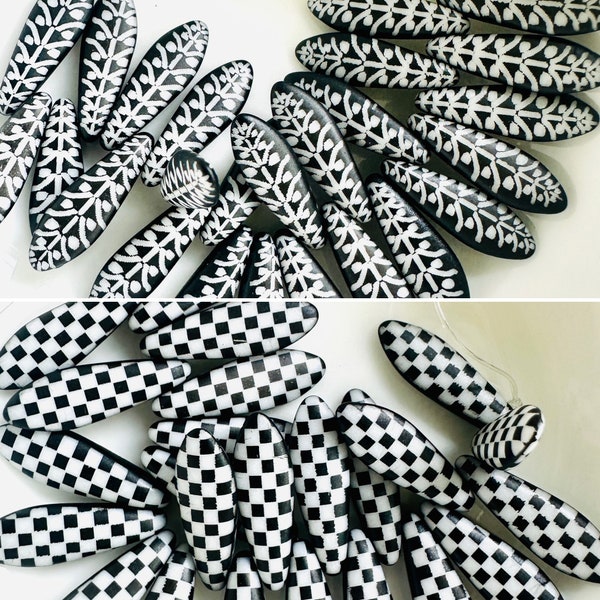 1 Hole Czech Glass Daggers - 15 x 6mm (25bag) - Black and White Checkered or Rye Laser Etched