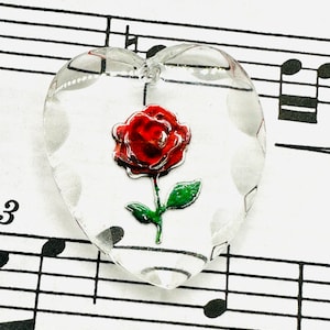 Vintage German Reverse Painted Intaglio Red Rose Flower on Heart Crystal Pendant