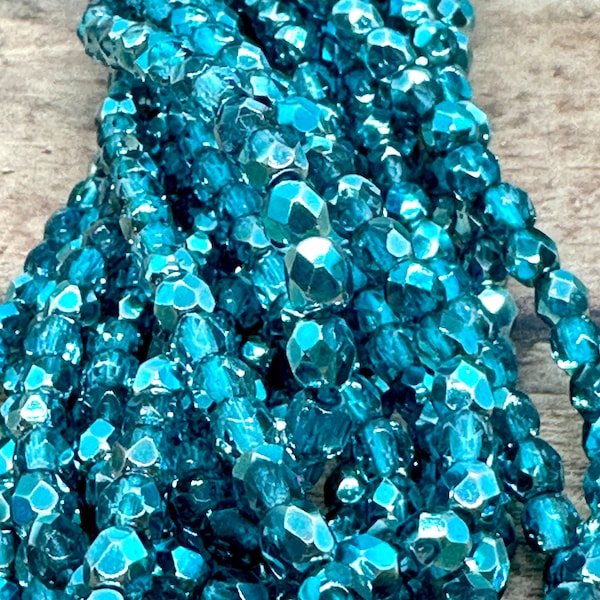 Crystal Marine Metallic Ice 4mm Czech Glass Fire Polish Strand - Round Faceted  (50 Bead Strand)