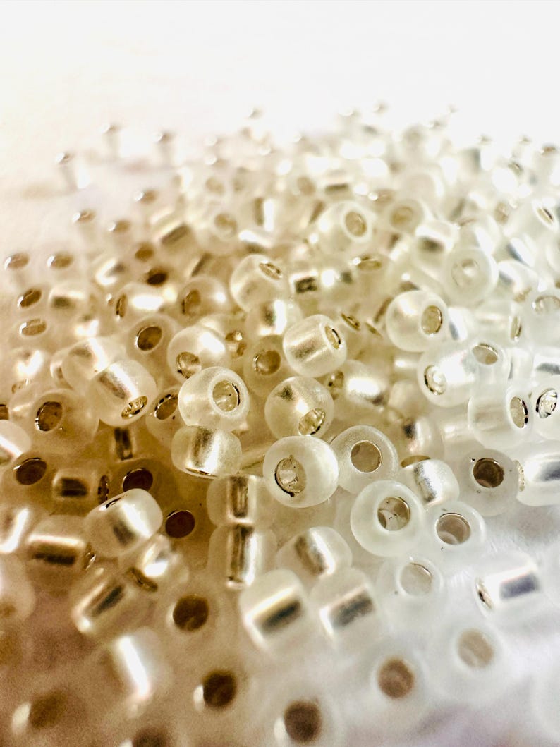 May include: A close-up shot of a pile of clear, cylindrical beads with silver-colored centers. The beads are scattered, creating a textured surface. The lighting highlights the translucent quality of the beads, giving them a subtle shimmer. Ideal for jewelry making.
