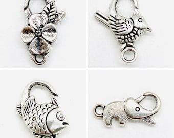 Antique Silver Lobster Clasps - Choose from Clover Flower, Elephant, Fish or Bird