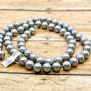 Vintage Miriam Haskell 8mm Grey Round Pearls (22&quot; of 64 pearls knotted with clamshell endings)- For DIY Jewelry Making
