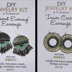 May include: Two DIY jewelry kits. One kit features "Desert Evening" earrings with a dark gray, teal, and brown beaded design. The other kit features "Inner Circle" earrings with a circular design. Both kits include instructions, beads, findings, and connectors.