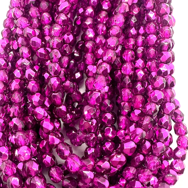Crystal Hot Pink Metallic Ice 4mm Czech Glass Fire Polish Strand - Round Faceted  (50 Bead Strand)