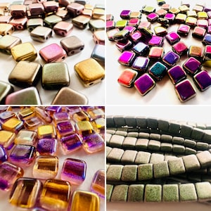 6mm Genuine Czech Pressed Glass Square Tile 6mm Beads (Two Holes) 25 pieces, DIY Beading