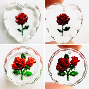 Vintage W. German Glass Reverse Painted Intaglio Red Rose Flower on Crystal Pendant/Charm, DIY Jewelry Making (Heart or Round)