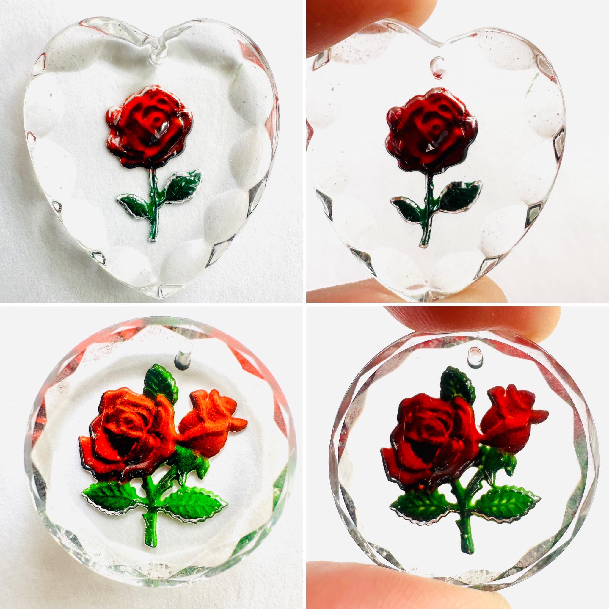 Vintage W. German Glass Reverse Painted Intaglio Red Rose Flower 