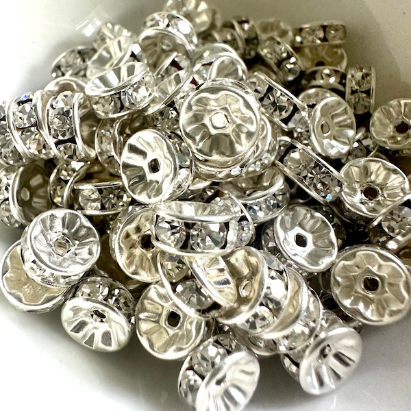 Vintage 7mm Swarovski Crystal Rhinestone Silver Plated Rondelle Spacer Bead- 20 pieces