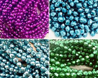 4mm Czech Fire Polish Heavy Metal Beads - Round Faceted  (50 Bead Strand)