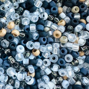 May include: A close-up image of a variety of small, round beads in shades of blue, white, and brown. The beads are arranged in a random pattern, creating a textured and colorful background.