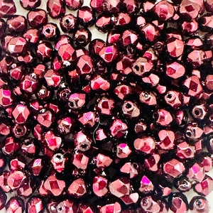 3mm Czech Fire Polish Heavy Metal Burgundy Beads - Round Faceted  (50 Beads)