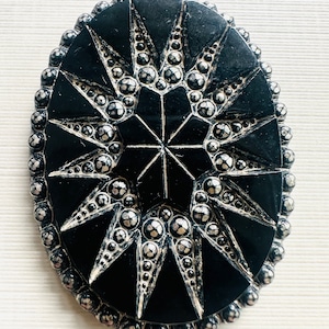 Silver on Jet 40 x 30mm German Glass Flat Back Engraved Victorian Intaglio Cabochon -  Bead Embroidery