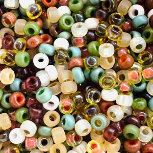May include: A large assortment of small, round glass beads in various colors, including brown, green, white, and yellow. The beads are perfect for jewelry making or other craft projects.