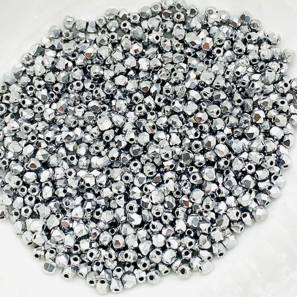 Crystal Nickel Plated- True 2mm Fire Polish Czech Glass Beads- Round Faceted -100 Beads - Beading