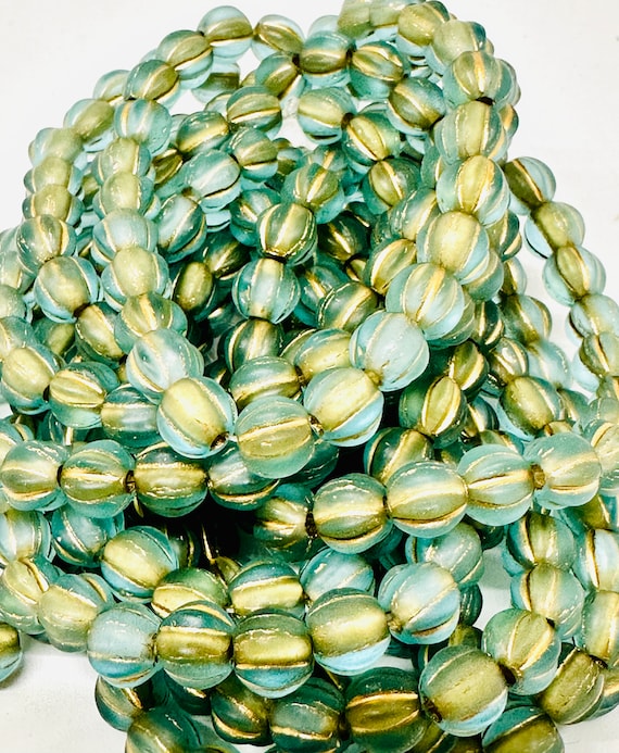 6mm Light Aqua With Gold Wash Melon Czech Glass Bead Strand of 25