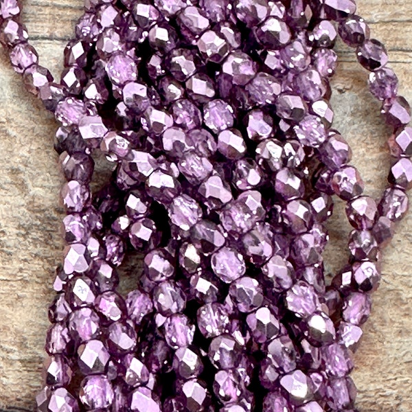 Crystal Lilac Metallic Ice 4mm Czech Glass Fire Polish Strand - Round Faceted  (50 Bead Strand)