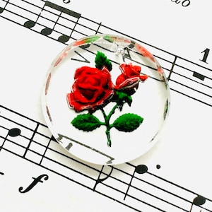 Vintage German Reverse Painted Intaglio Red Rose Flower on 25mm Crystal Pendant