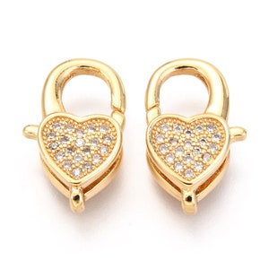 Brass Pave Cubic Zirconia Lobster Heart 18K Gold Clasp