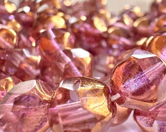 10mm Faceted Czech Glass Transparent Lt Amethyst with Dark Gold Wash - 25 Beads