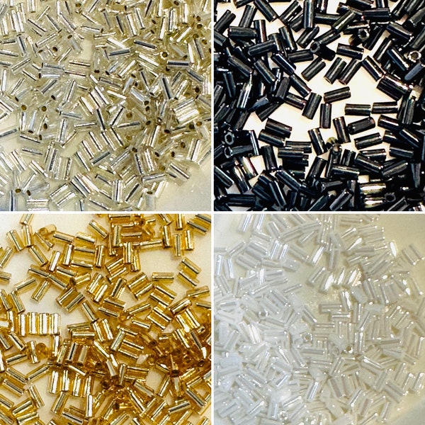 Miyuki 3mm Bugle Beads (3" tube of 12grams approx. 1000 beads) - Black, Gold, White or Silver