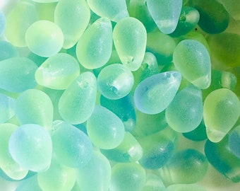 Matte Sea Glass Blue 6 x 9mm Czech Glass Top Drilled Tear Drop Beads - 25 pieces