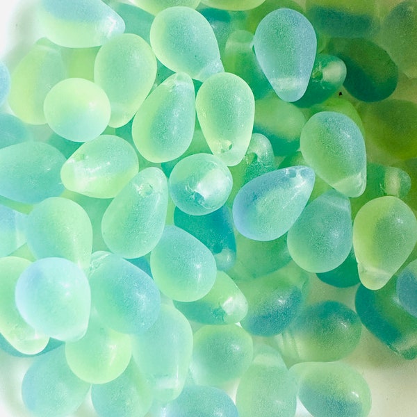 Matte Sea Glass Blue 6 x 9mm Czech Glass Top Drilled Tear Drop Beads - 25 pieces