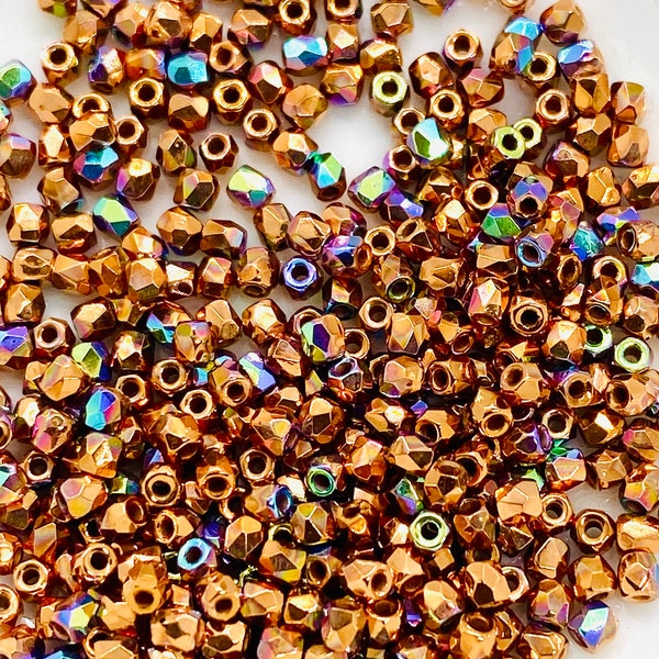 Copper Plate AB - True 2mm Fire Polish Czech Glass Beads- Round Faceted -100 Beads - Beading