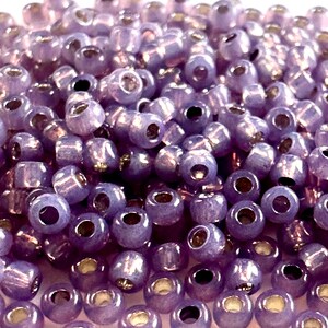 May include: Close-up of a pile of small, round, lavender-colored beads. Each bead has a hole running through the center and a metallic gold-colored interior. The beads are scattered, creating a textured surface.