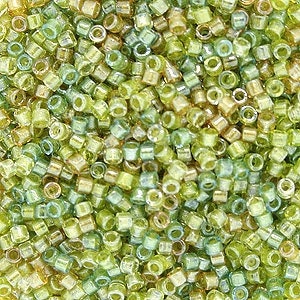 May include: A mix of green, gold, and brown seed beads with a metallic sheen.