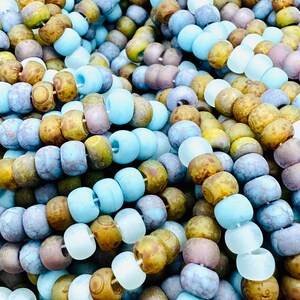 6mm Aged Matte Sicilian Sky Czech Picasso Seed Bead Mix - Large Hole, Leather, Stringing, Beading