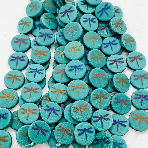 Czech Glass 14mm Dragonfly Laser Etched Coin Bead Strand - 8 Beads, Gorgeous Matte Turquoise Background