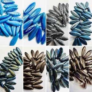 1 Hole Czech Laser Etched Glass Daggers 15 x 6mm (25 pieces) - Feather, Leaf, Snakeskin, Wing and Eye