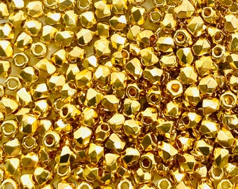 24K Gold Plated - True 2mm Fire Polish Czech Glass Beads- Round Faceted 50 Beads - DIY Beading