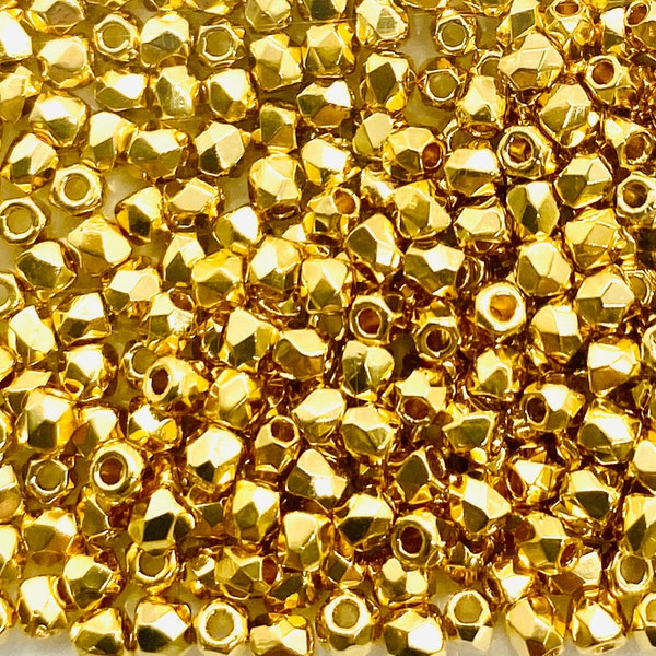 24K Gold Plated - True 2mm Fire Polish Czech Glass Beads- Round Faceted -100 Beads - Beading