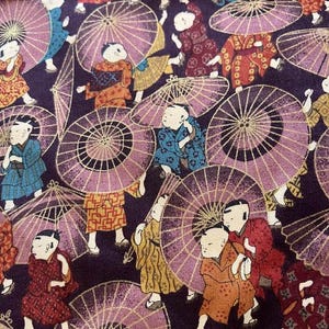 May include: A fabric with a repeating pattern of children in traditional Japanese clothing holding parasols. The children's garments are in shades of red, orange, blue, and yellow. The parasols are purple and the background is dark purple.