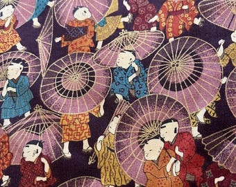 Oriental themed fabric with umbrellas and people