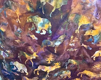 Tela con estampado de animales del bosque, teñida y batik