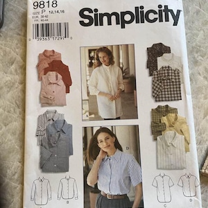 May include: Simplicity sewing pattern packet featuring shirt designs. The packet includes images of finished shirts in various styles, colors, and patterns. The pattern number is 9818, with sizes P 12, 14, and 16. The packet also includes a barcode.