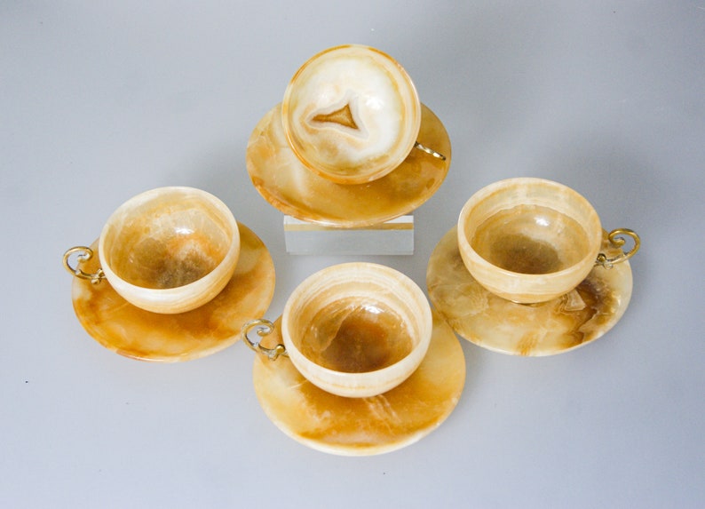 Hollywood Regency Set of 4 Marble Brass Espresso Cups and Sauc Hollywood Regency Set of 4 Marble Brass Espresso Cups and Sauc