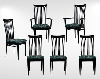 Set of 6 Italian Lacquered Black Dining Chairs in the Manner of Paolo Buffa, 4 Fresco and 2 Carver Armchairs